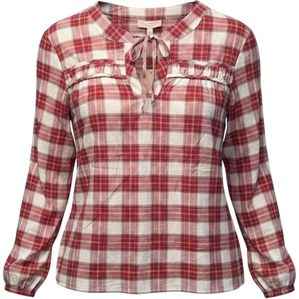 Como Vintage Red White Plaid Ruffle Tie Neck‎ Long Sleeve Blouse Women's Large